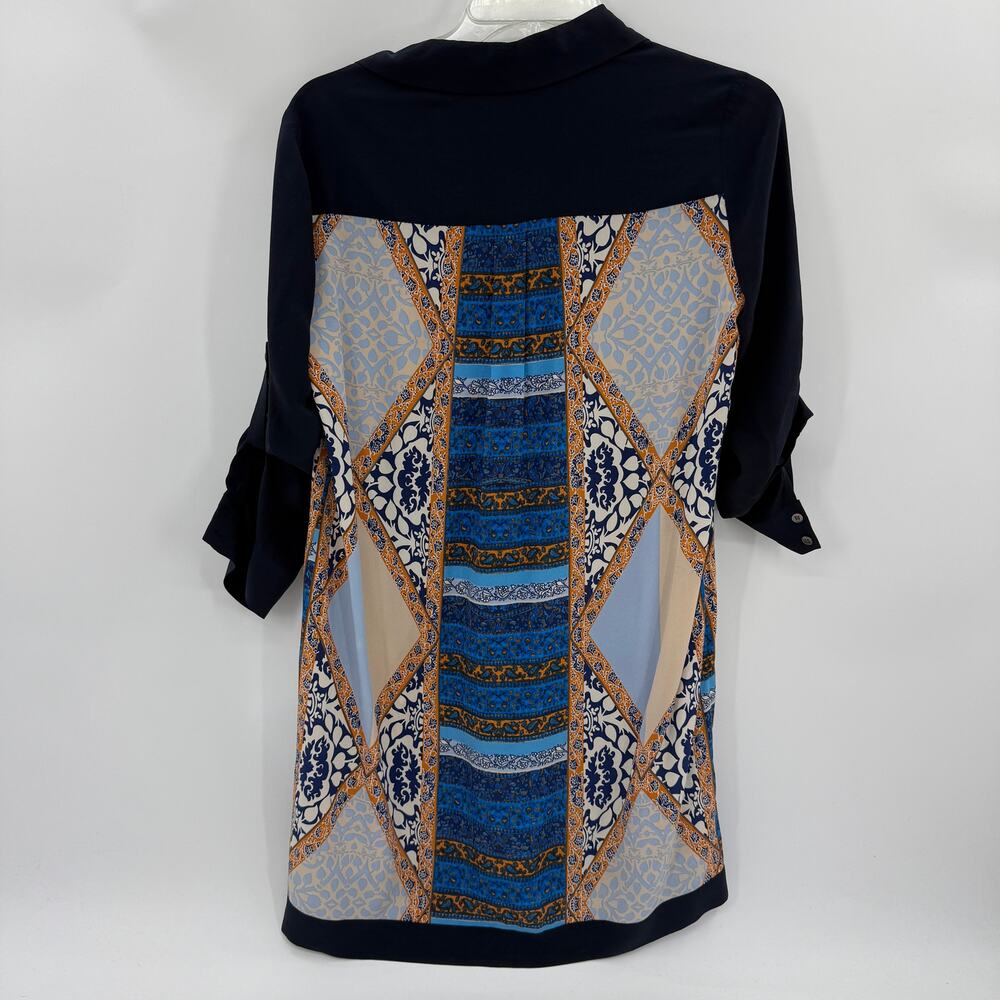 CLUB MONACO Silk Tunic Shirt Womens Size 2 Roll-Tab Sleeve Button Front Artsy - Picture 4 of 9